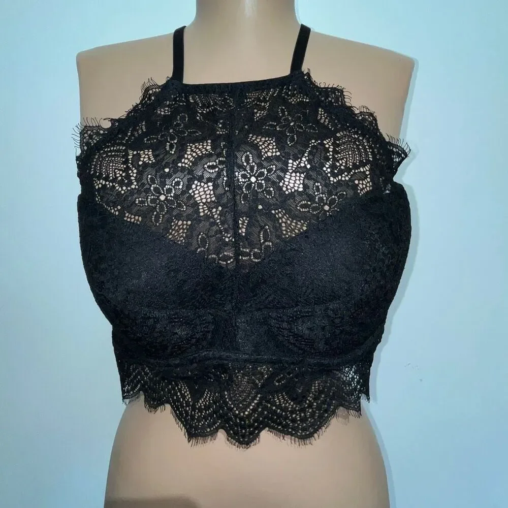 PINK Victoria's Secret Women's Black Floral Lace‎ Halter Push-up Bralette Large